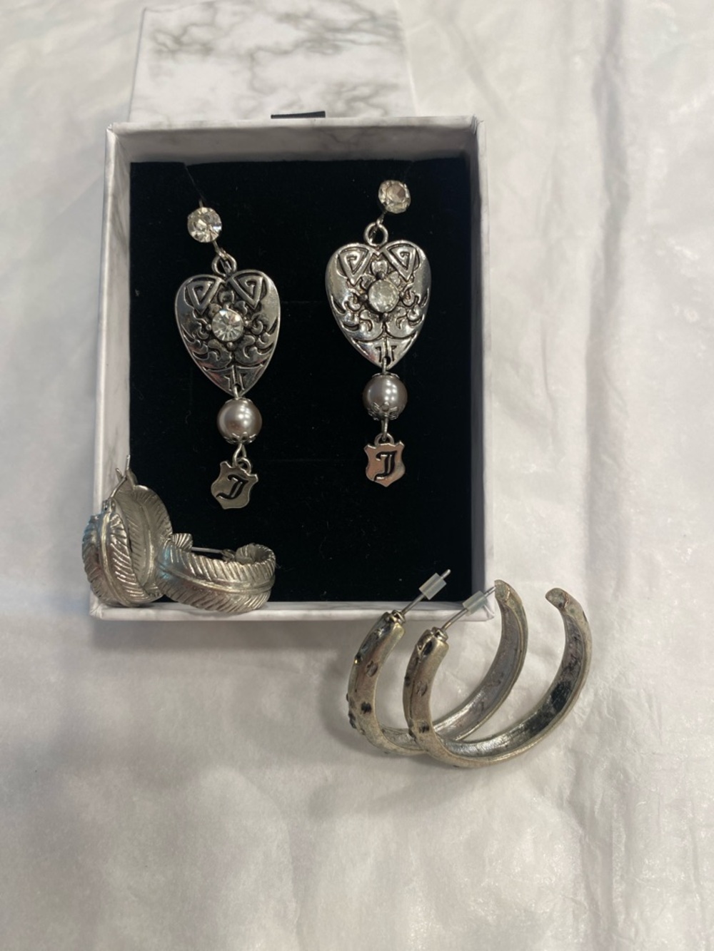 Silver Earring Bundle 3 Pair Set | Heart Dangle + Textured Hoops | Vintage Style - Picture 9 of 10
